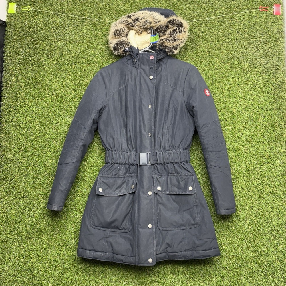 BARBOUR Down Jacket Womens 8 Faux Fur Trim Gray Snug Fit Kirby Belted Fibre Dow